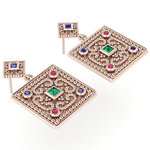 Βυζαντινά Σκουλαρίκια 13 σε τετράγωνο σχήμα / Ασημένια, χειροποίητα, ροζ επιχρυσωμένα με χρωματιστές συνθετικές πέτρες