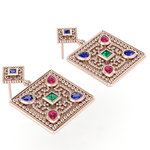 Βυζαντινά Σκουλαρίκια 14 σε τετράγωνο σχήμα / Ασημένια, χειροποίητα, ροζ επιχρυσωμένα με χρωματιστές συνθετικές πέτρες