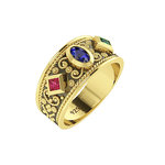 Βυζαντινό Δαχτυλίδι 102 σε σχήμα βέρας / Ασημένιο, χειροποίητο, δίχρωμο, κίτρινο - μαύρο με πατίνα και χρωματιστές συνθετικές πέτρες