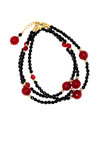 γυναικείο βραχιόλι, τρίσειρο, με αχάτες, σε μαύρο και ρουμπινί χρώμα, ασημένια επίχρυσα στοιχεία και αλυσίδα αυξομείωσης / 2BR0135