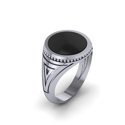 Ανδρικό Στρόγγυλο Δαχτυλίδι με μαύρο Ορυκτή Πέτρα όνυχα / Ασημένιο, χειροποίητο, δίχρωμο, λευκό - μαύρο με πατίνα
