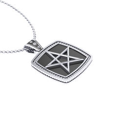 Unisex Πατριωτικό Τετράγωνο Μενταγιόν σφραγίδα Πυθαγορική Πεντάλφα 1.03 με γράνες στην περίμετρο / Ασημένιο, χειροποίητο, δίχρωμο, λευκό - μαύρο με πατίνα