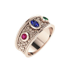 Βυζαντινό Δαχτυλίδι 101 σε σχήμα βέρας / Ασημένιο, χειροποίητο, ροζ επιχρυσωμένο με χρωματιστές συνθετικές πέτρες