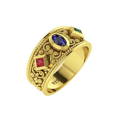 Βυζαντινό Δαχτυλίδι 102 σε σχήμα βέρας / Ασημένιο, χειροποίητο, κίτρινο επιχρυσωμένο με χρωματιστές συνθετικές πέτρες