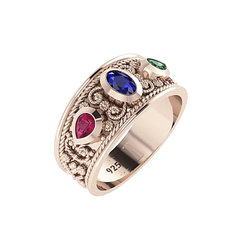 Βυζαντινό Δαχτυλίδι 103 σε σχήμα βέρας / Ασημένιο, χειροποίητο, ροζ επιχρυσωμένο με χρωματιστές συνθετικές πέτρες