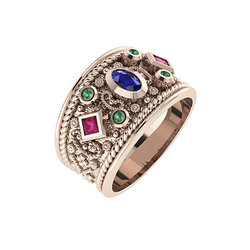 Βυζαντινό Δαχτυλίδι 105 σε σχήμα βέρας / Ασημένιο, χειροποίητο, ροζ επιχρυσωμένο με χρωματιστές συνθετικές πέτρες