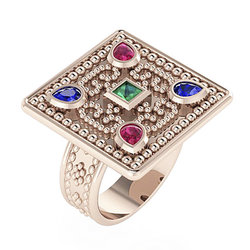 Βυζαντινό Δαχτυλίδι 14 σε τετράγωνο σχήμα / Ασημένιο, χειροποίητο, ροζ επιχρυσωμένο με χρωματιστές συνθετικές πέτρες