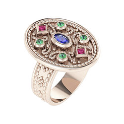 Βυζαντινό Δαχτυλίδι 16 σε οβάλ σχήμα / Ασημένιο, χειροποίητο, ροζ επιχρυσωμένο με χρωματιστές συνθετικές πέτρες