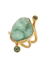 γυναικείο δαχτυλίδι, με πράσινο ντρουζ αχάτη και πράσινες cabochon τουρμαλίνες, χειροποίητο, σε ασήμι 925', επιχρυσωμένο / 2DA0210