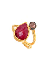 γυναικείο δαχτυλίδι, με κόκκινο pear σεληνίτη και ροζ cabochon τουρμαλίνη, χειροποίητο, σε ασήμι 925', επιχρυσωμένο / 2DA0214