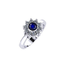 Δαχτυλίδι Ροζέτα 4 σε στρόγγυλο σχήμα / Ασημένιο, χειροποίητο, λευκό επιπλατινωμένο με συνθετικές λευκές και μπλε πέτρες