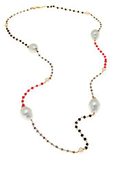 γυναικείο κολλιέ με γκρι, μαύρους και κόκκινους αχάτες  shell pearl και μαργαριτάρια fresh water biwa πλεγμένο σε ασημένιο επιχρυσωμένο σύρμα / 2KO0229