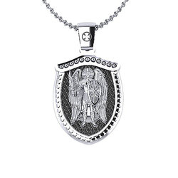 Ορθόδοξο Χριστιανικό Μενταγιόν διπλής όψεως Αρχάγγελος Μιχαήλ - Βυζαντινός Σταυρός 4.03 / Ασημένιο, χειροποίητο, σε σχήμα σπαθιού, δίχρωμο, λευκό μαύρο με πατίνα / μπροστινή όψη με τον Αρχάγγελο Μιχαήλ