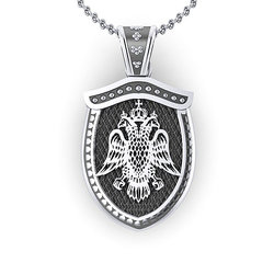 Unisex Μενταγιόν διπλής όψεως Δικέφαλος Αετός - Βυζαντινός Σταυρός 4.03 / Ασημένιο, χειροποίητο, σε σχήμα σπαθιού, δίχρωμο, λευκό μαύρο με πατίνα / μπροστινή όψη με τον Δικέφαλο Αετό