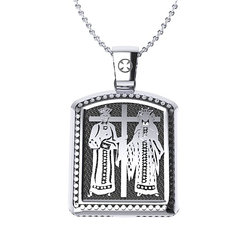 Θρησκευτικό Unisex Μενταγιόν Ιησούς Χριστός - Άγιοι Κωνσταντίνος και Ελένη 10 / Ασημένιο, χειροποίητο, σε παραλληλόγραμμο σχήμα κορνίζας, δίχρωμο, λευκό με πατίνα / πίσω όψη με το Κωνσταντινάτο
