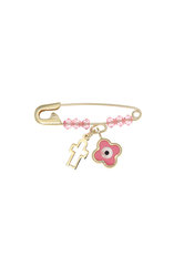 παιδική παραμάνα για κοριτσάκια, με ροζ φίλντισι μάτι σταυρό και περιγραφικό σταυρό, σε χρυσό 9 καρατίων / 1PR0176