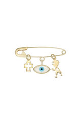 παιδική παραμάνα για αγοράκια, με άσπρο φίλντισι μάτι, περιγραφικό σταυρό και αγοράκι,  σε χρυσό 9 καρατίων / 1PR0180