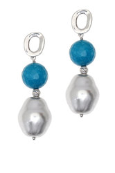 γυναικεία σκουλαρίκια, ασημένια, επιπλατινωμένα,  με ενισχυμένο quartz σε χρώμα πετρόλ και shell pearls / 2SK0112
