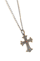 γυναικείος σταυρός, χειροποίητος, βυζαντινής τεχνοτροπίας, με συνθετικό ρουμπίνι, σε ασήμι 925' / 2KO0327 