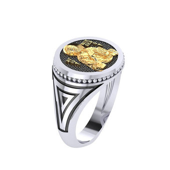 Ανδρικό Στρόγγυλο Θρησκευτικό Δαχτυλίδι σφραγίδα Άγιος Νικόλαος - 2.07 g με γεωμετρικά σχέδια στη γάμπα / Ασημένιο, χειροποίητο, τρίχρωμο, λευκό - μαύρο με πατίνα και κίτρινο επιχρυσωμένο το θέμα του
