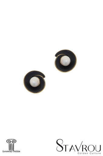 γυναικεία σκουλαρίκια, σε σχήμα σπείρας, με μαύρο σμάλτο και μαργαριτάρια, σε ασήμι 925', επιχρυσωμένα / 2SK0201 logo