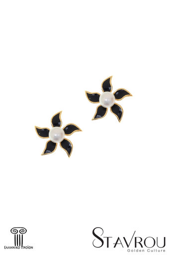 γυναικεία σκουλαρίκια, σε σχήμα αστερία, με μαύρο σμάλτο και μαργαριτάρια, σε ασήμι 925', επιχρυσωμένα / 2SK204 logo