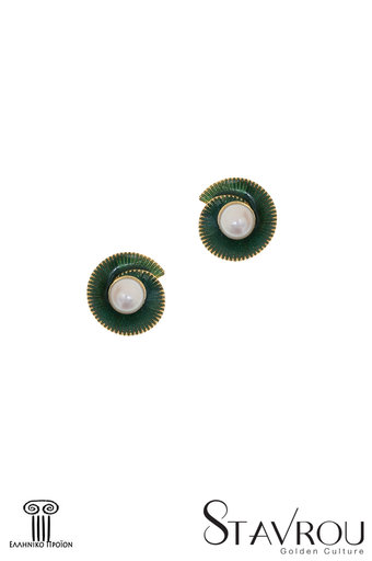 γυναικεία σκουλαρίκια, σε σχήμα σπείρας, με πράσινο σμάλτο και μαργαριτάρια, σε ασήμι 925', επιχρυσωμένα / 2SK0227 logo