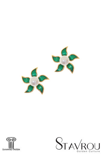 γυναικεία σκουλαρίκια, σε σχήμα αστερία, με πράσινο σμάλτο και μαργαριτάρια, σε ασήμι 925', επιχρυσωμένα / 2SK230 logo