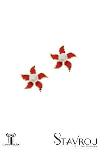 γυναικεία σκουλαρίκια, σε σχήμα αστερία, με κόκκινο σμάλτο και μαργαριτάρια, σε ασήμι 925', επιχρυσωμένα / 2SK231 logo