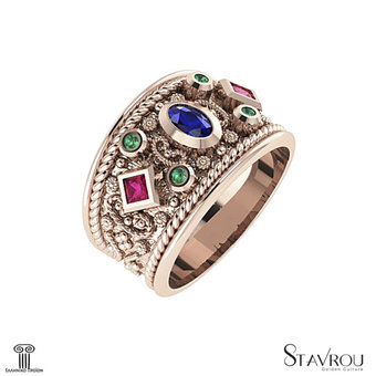 Βυζαντινό Δαχτυλίδι 105 σε σχήμα βέρας / Ασημένιο, χειροποίητο, ροζ επιχρυσωμένο με χρωματιστές συνθετικές πέτρες