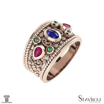Βυζαντινό Δαχτυλίδι 106 σε σχήμα βέρας / Ασημένιο, χειροποίητο, ροζ επιχρυσωμένο με χρωματιστές συνθετικές πέτρες