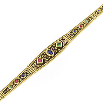 Βυζαντινό Βραχιόλι 102 / Ασημένιο, χειροποίητο, κίτρινο επιχρυσωμένο με πατίνα και χρωματιστές συνθετικές πέτρες