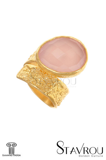 γυναικείο δαχτυλίδι, κρουαζέ, με ανάγλυφη επιφάνεια και ροζ χαλκηδόνιο σε κοπή briolée, χειροποίητο, σε ασήμι 925' επιχρυσωμένο  / 2DA0207 logo