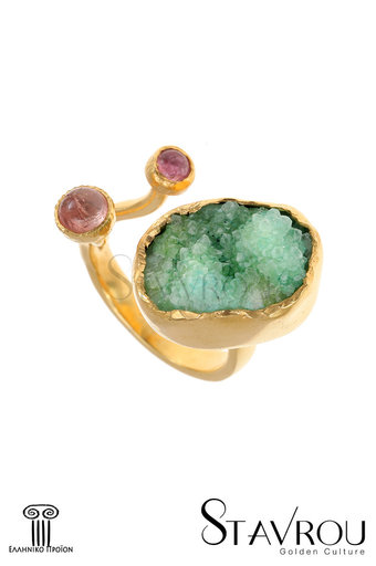 γυναικείο δαχτυλίδι, με πράσινο ντρουζ αχάτη και 2 ροζ cabochon τουρμαλίνες, χειροποίητο, σε ασήμι 925', επιχρυσωμένο  / 2DA0208 logo