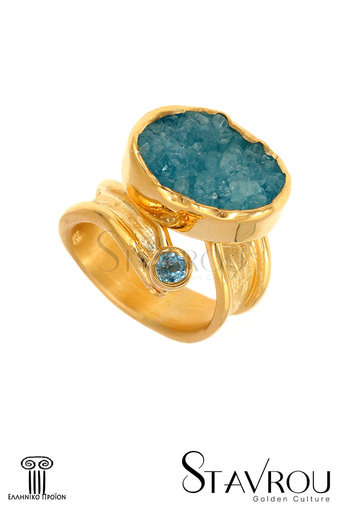 γυναικείο δαχτυλίδι, με πετρόλ ντρουζ αχάτη και blue topaze σε κοπή cabochon, χειροποίητο, σε ασήμι 925', επιχρυσωμένο / 2DA0213 logo