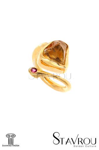 γυναικείο δαχτυλίδι, κρουαζέ, σφυρήλατο, αρχαϊκής τεχνοτροπίας, με citrine και κόκκινη τουρμαλίνα, χειροποίητο, σε ασήμι 925', επιχρυσωμένο / 2DA0219 logo 