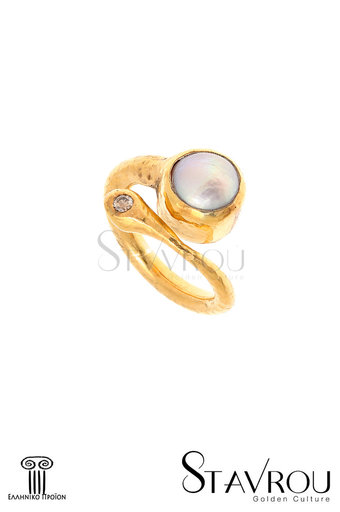 γυναικείο δαχτυλίδι, κρουαζέ, σφυρήλατο, αρχαϊκής τεχνοτροπίας, με μαργαριτάρι και καφέ brilliant 0,05 ct, χειροποίητο, σε ασήμι 925', επιχρυσωμένο / 2DA0220 logo