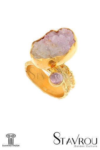γυναικείο δαχτυλίδι, χειροποίητο, ασημένιο 925', επιχρυσωμένο,  με ντρουζ αχάτη και αμέθυστο σε κοπή cabochon / 2DA0223 logo