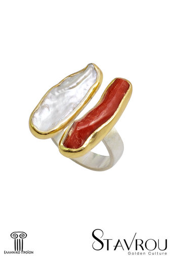 γυναικείο δαχτυλίδι, χειροποίητο, με φυσικά μαργαριτάρι - mother of pearl και κοράλλι, σε ασήμι 925' / 2DA0261 logo