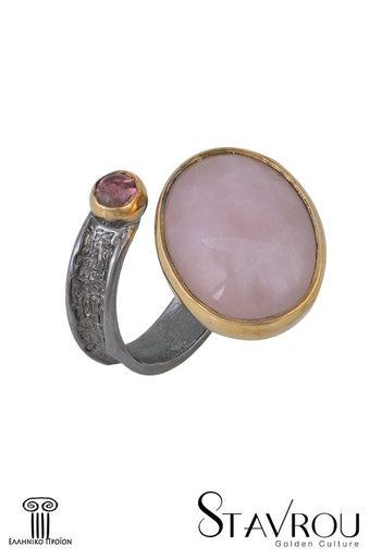 γυναικείο δαχτυλίδι, με ροζ quartz και ροζ cabochon τουρμαλίνη, χειροποίητο, σε ασήμι 925', επιχρυσωμένο / 2DA0299 logo