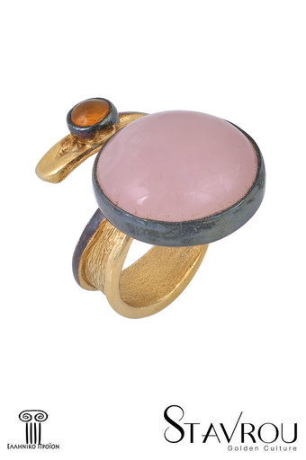 γυναικείο δαχτυλίδι, με ροζ quartz και ροζ cabochon τουρμαλίνη, χειροποίητο, σε ασήμι 925', επιχρυσωμένο / 2DA0301 logo