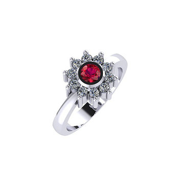 Δαχτυλίδι Ροζέτα 4 σε στρόγγυλο σχήμα / Ασημένιο, χειροποίητο, λευκό επιπλατινωμένο με συνθετικές λευκές και κόκκινη πέτρες