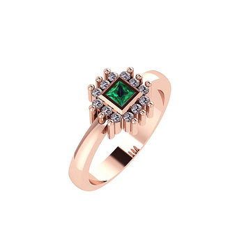 Δαχτυλίδι Ροζέτα 6 σε τετράγωνο σχήμα / Ασημένιο, χειροποίητο, ροζ επιχρυσωμένο με συνθετικές λευκές και πράσινες πέτρες
