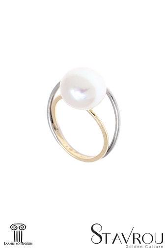 γυναικείο δαχτυλίδι, δίβερο, με μαργαριτάρι, δίχρωμο, σε χρυσό και λευκό χρυσό Κ14 / 1DA2888 logo