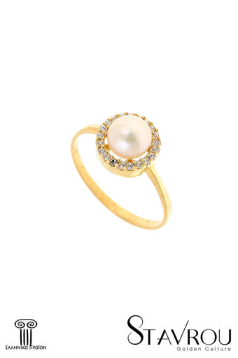 γυναικείο δαχτυλίδι, ροζέτα με μαργαριτάρι και ζιργκόν, σε χρυσό Κ14 / 1DA2860 logo / 9.70 mm