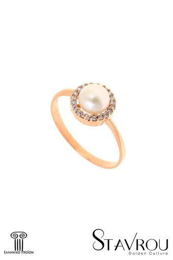 γυναικείο δαχτυλίδι, ροζέτα με μαργαριτάρι και ζιργκόν, σε ροζ χρυσό Κ14 / 1DA2862 logo / 9.70 mm