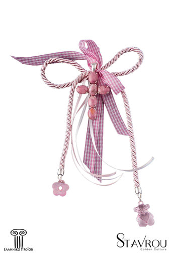 διακοσμητικό δώρο για το παιδικό δωμάτιο  σταυρός με ροζ αχάτες, κατασκευασμένο από ασήμι / 2ΔΙ 0219 logo / 45 x 75 mm