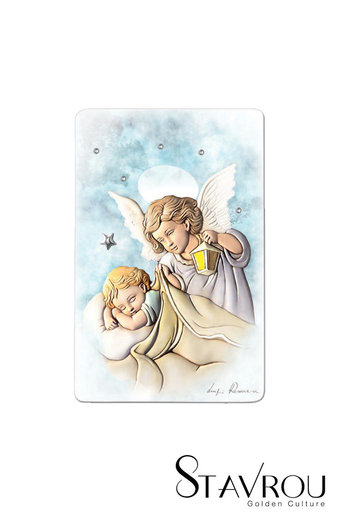 εικόνα Άγγελος - Βρέφος, ζωγραφισμένη σε ξύλο με ασημένιο αστέρι και 5 στρας / 2ΕΙ0181 logo / 100 x 150 mm