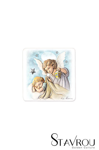 εικόνα Άγγελος - Βρέφος ζωγραφισμένη σε ξύλο με ασημένιο αστέρι και 3 στρας / 2ΕΙ0186 logo / 80 x 80 mm
