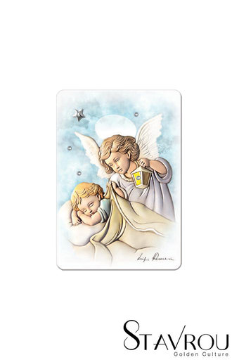 εικόνα Άγγελος - Βρέφος ζωγραφισμένη σε ξύλο με ασημένιο αστέρι και 3 στρας / 2ΕΙ0187 logo / 75 x 100 mm